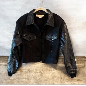 Tamarak Marie Black Faux  Denim Leather Rhinestone Jacket Size Small